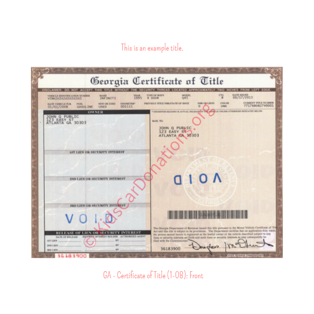 This is an Example of Georgia Certificate of Title (1-08) Front View | Kids Car Donations